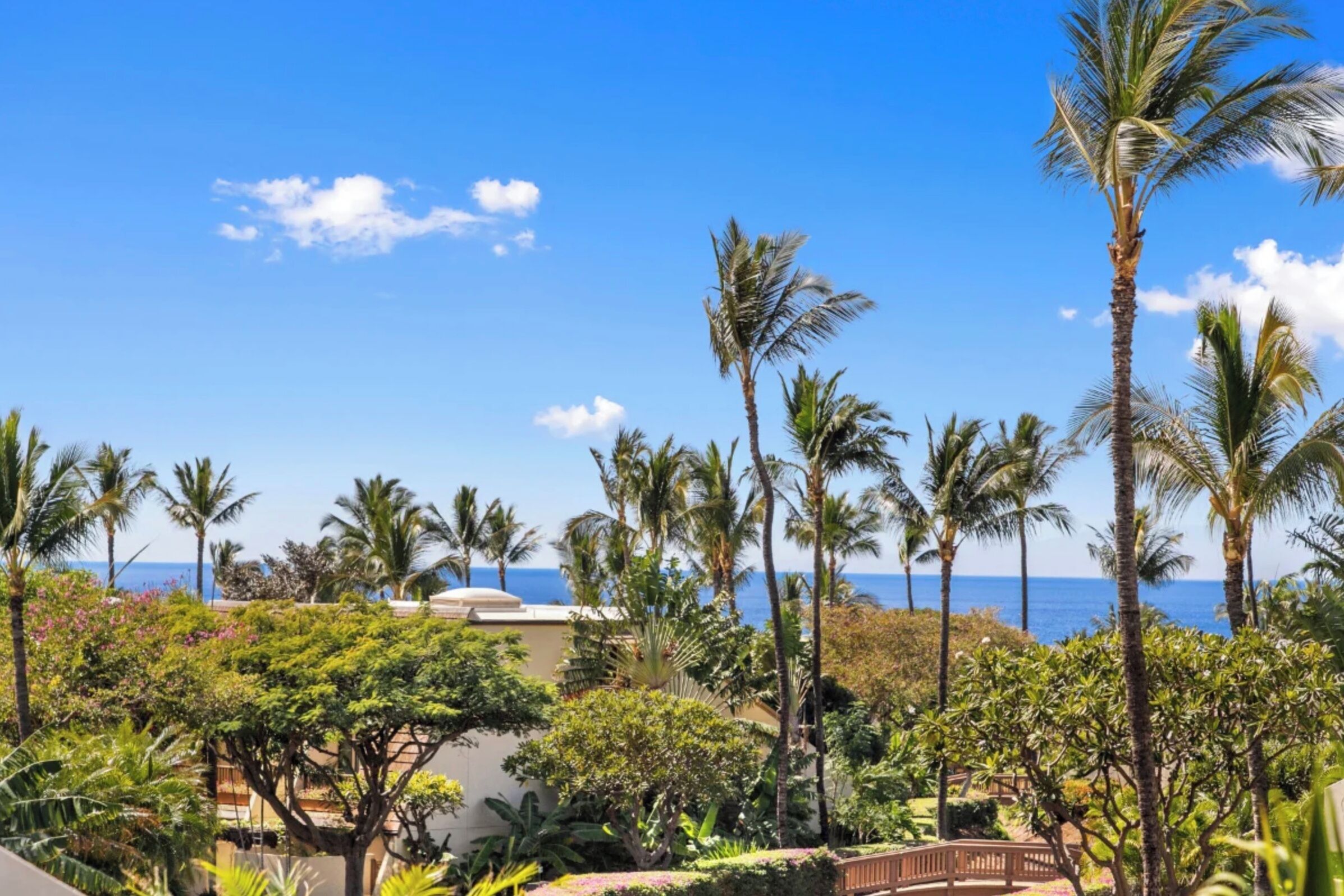 A tropical resort with palm trees, a beach view, and a well-maintained garden.
