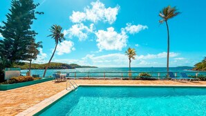A clear blue pool with a view of the sea and palm trees. - Stunning St. Thomas Condo for Your Tropical Escape (St. Thomas)
