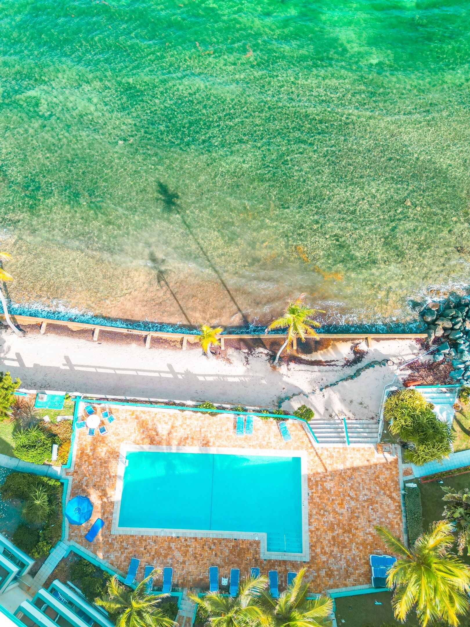 An aerial view of a resort with a swimming pool, beach, and palm trees.
