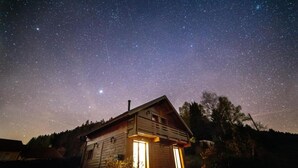En rustik hytte med stjerneklar nattehimmel, oplyste vinduer og en træfacade.