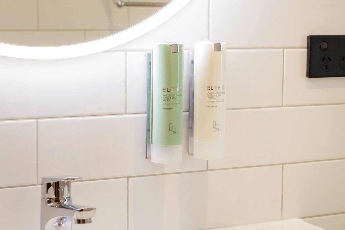 free toiletries, hair dryer, heated floors, towels