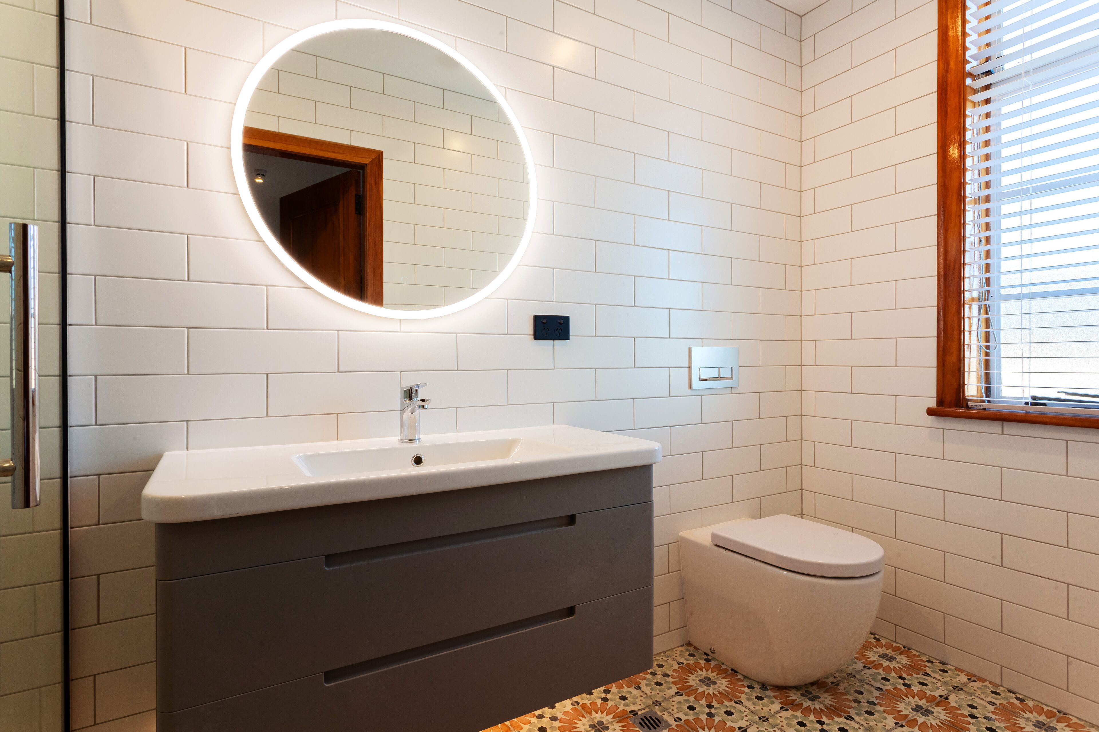 free toiletries, hair dryer, heated floors, towels