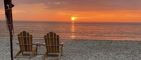 Plage à proximité, chaises longues, serviettes de plage