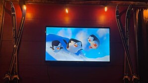 Un téléviseur fixé au mur au-dessus d’une cheminée, avec des paires de skis de chaque côté.
