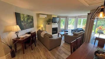 Tv, eldstad och kontor