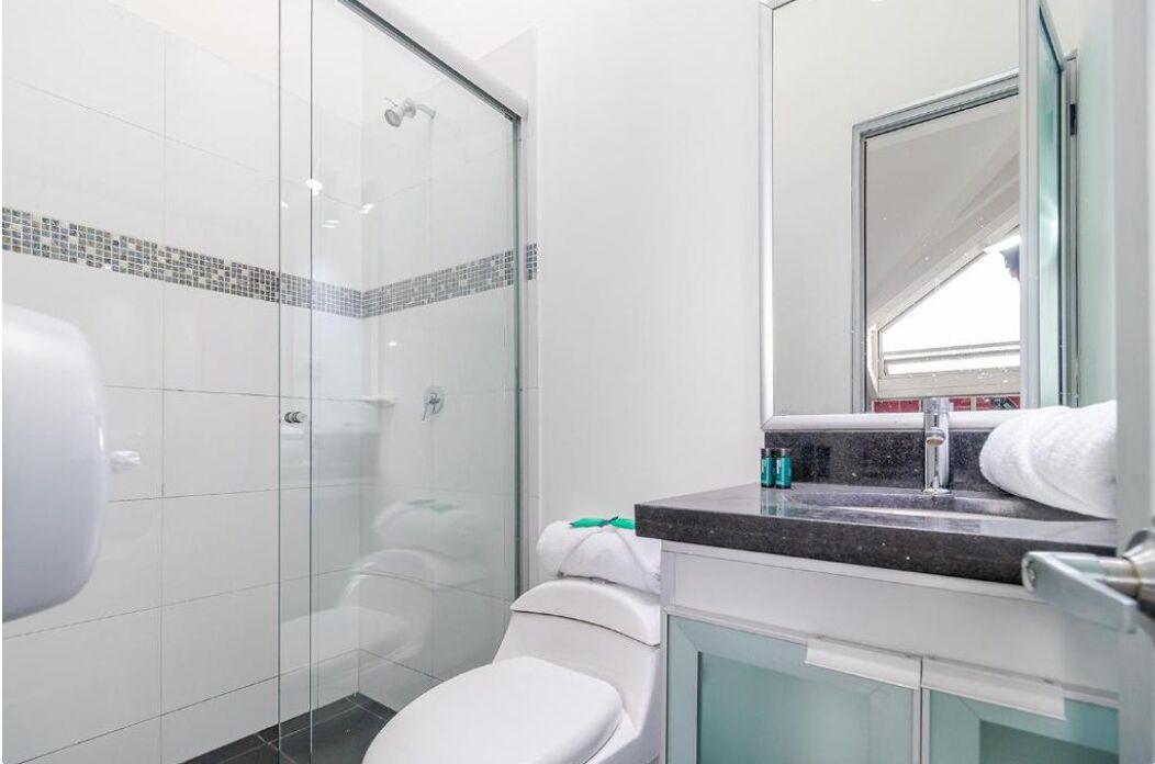 shower, towels, soap, toilet paper