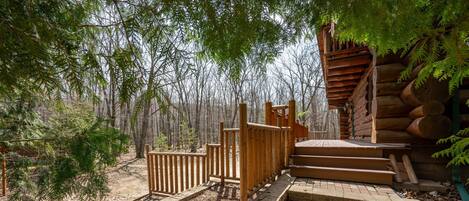 A wooden staircase leading up to a log cabin in a forested area.