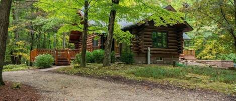 Eine rustikale Holzhütte, umgeben von dichtem Wald.