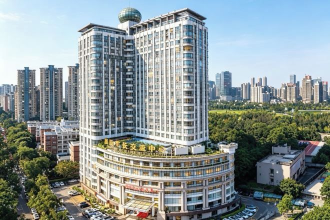 A high-rise building with multiple floors, surrounded by other high-rise buildings and greenery.