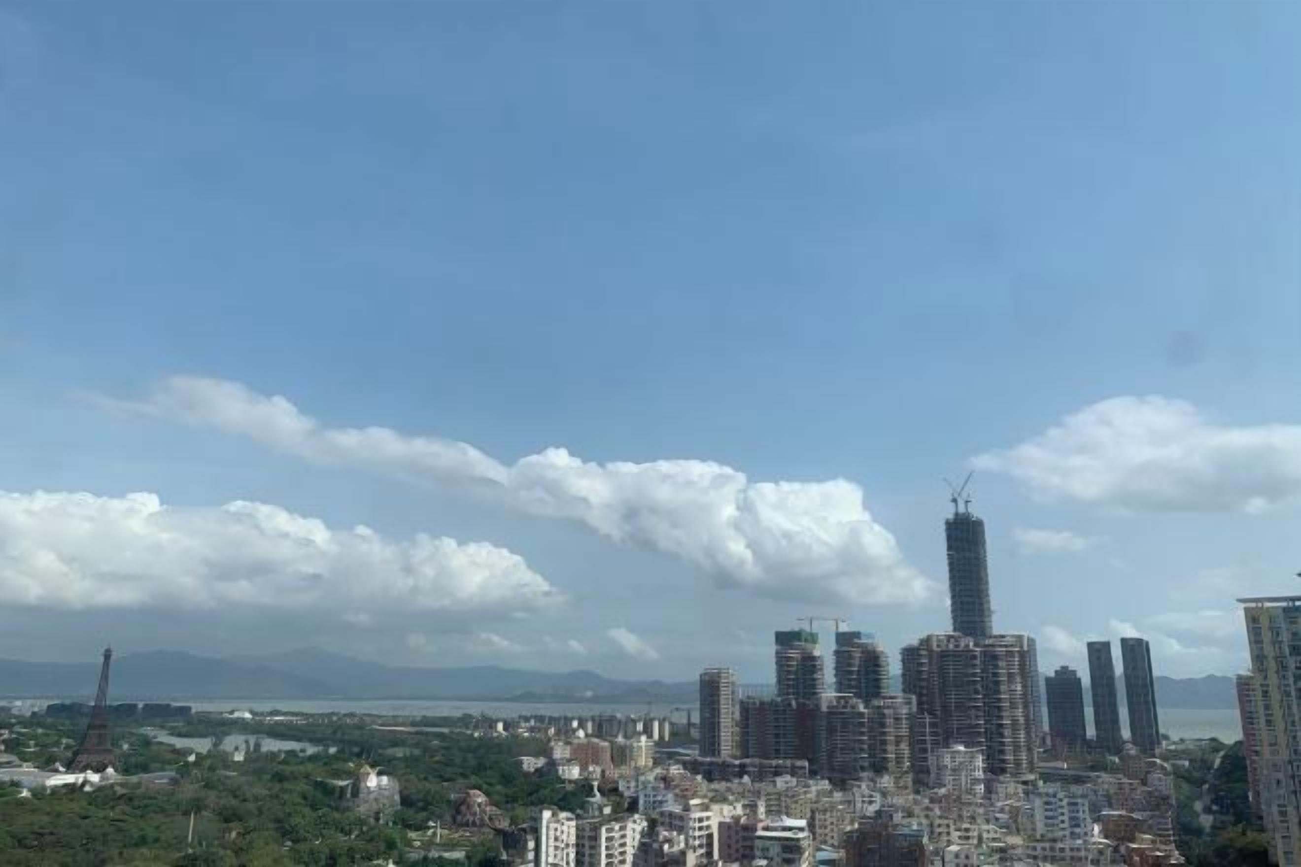 A cityscape with high-rise buildings and a clear sky.