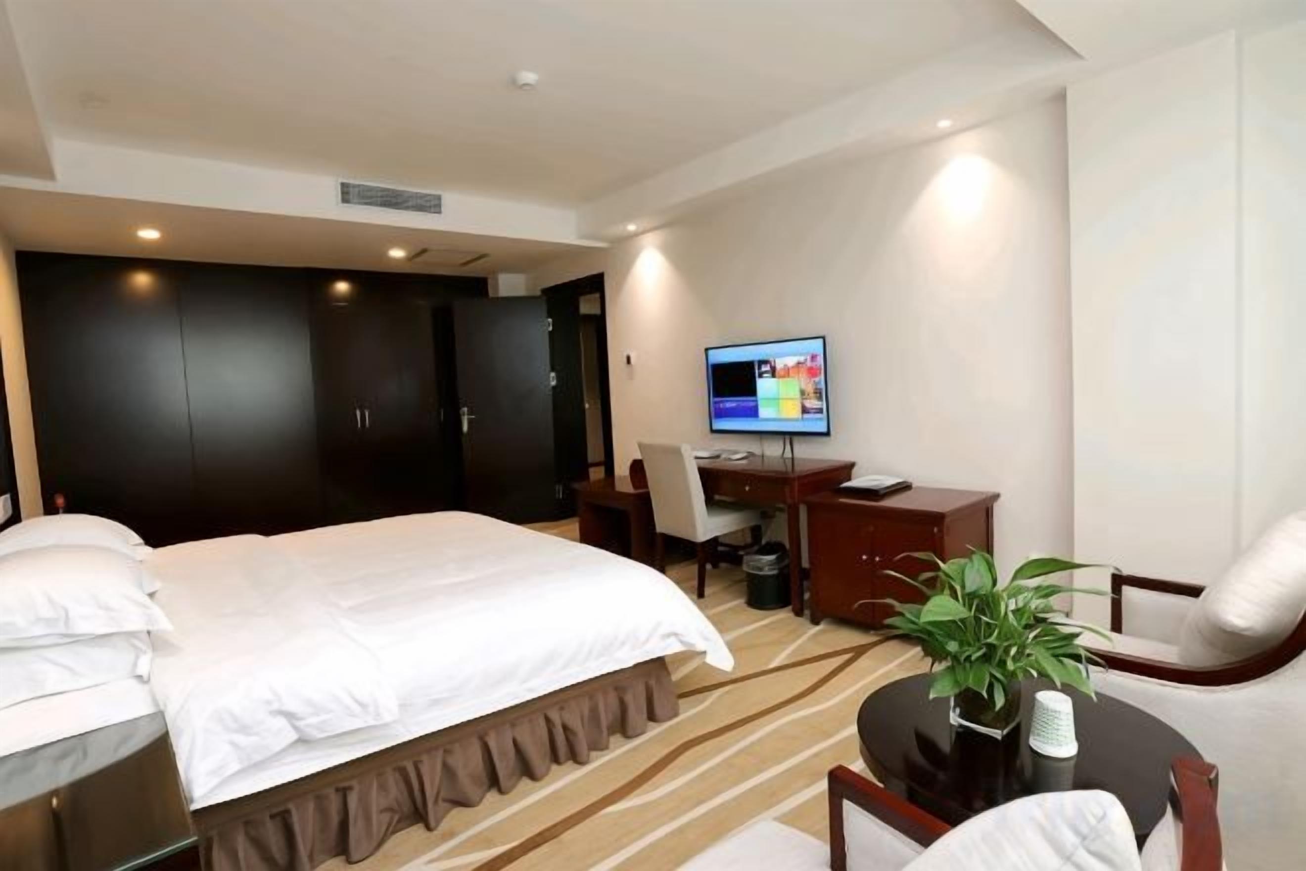Une chambre d’hôtel avec un lit, un bureau, une chaise, une télévision et une plante en pot.