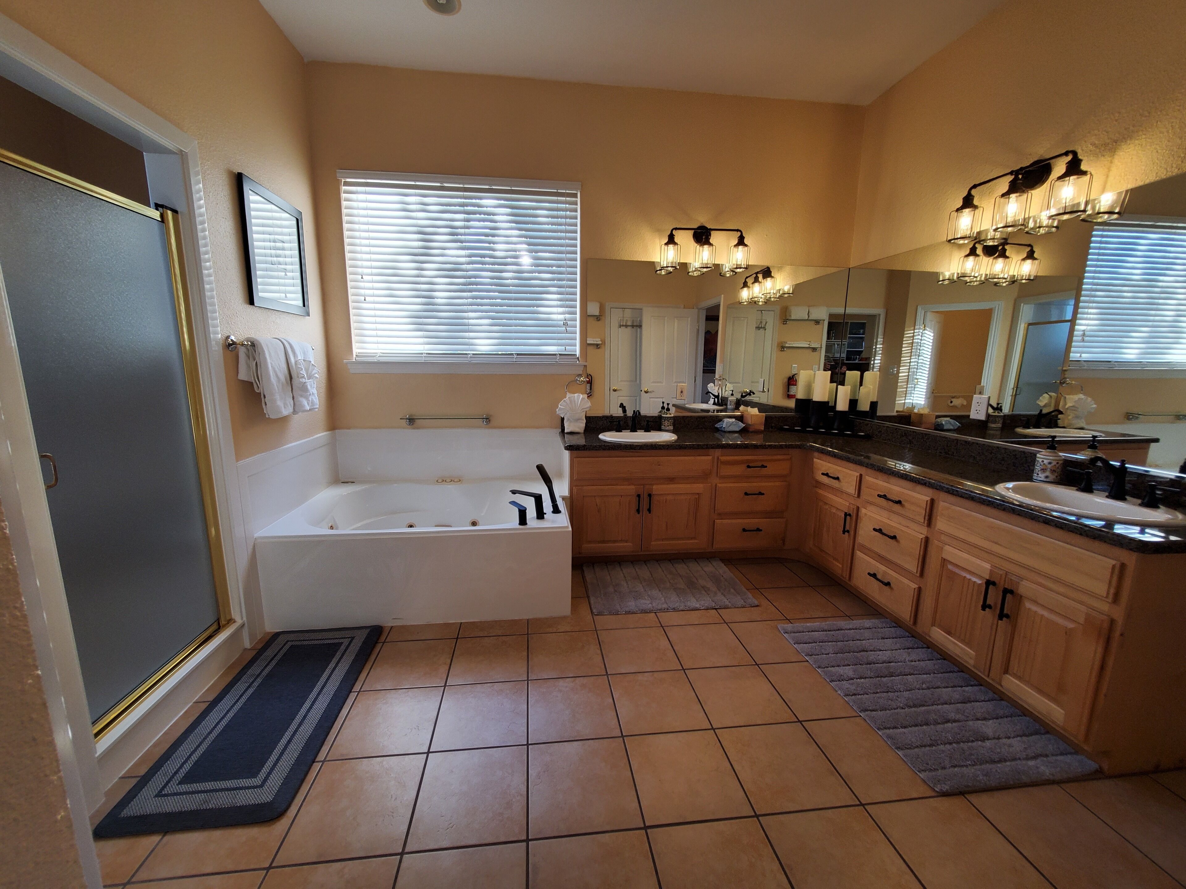 Shower, jetted tub, hair dryer, towels