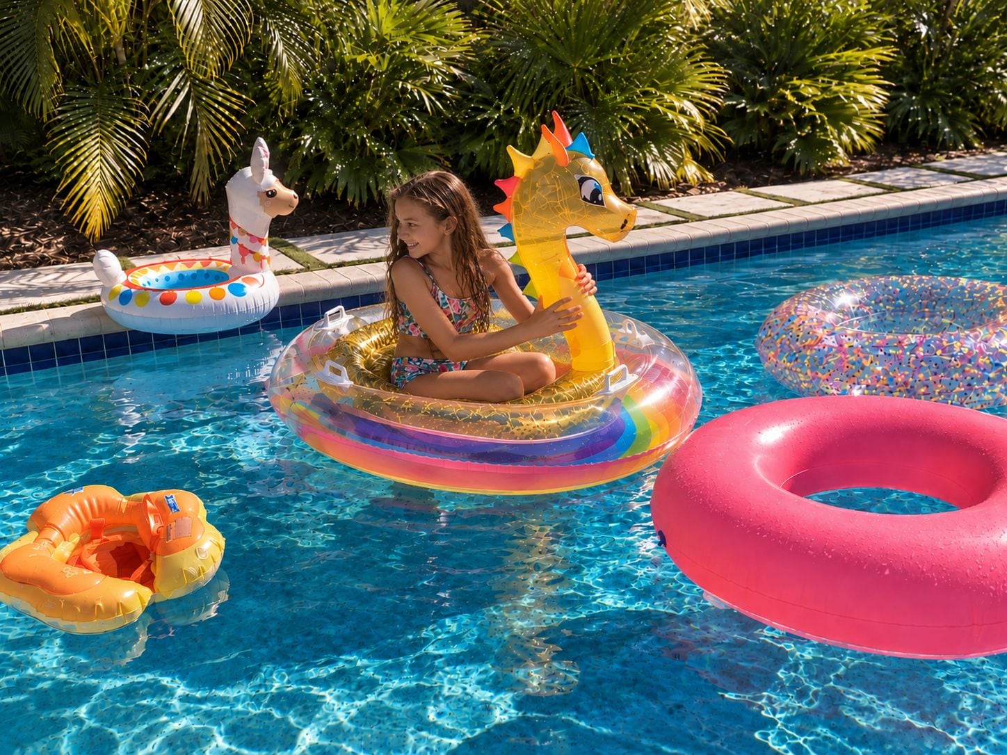 Ein Pool mit Schwimmreifen und ein Kind, das auf einem sitzt.