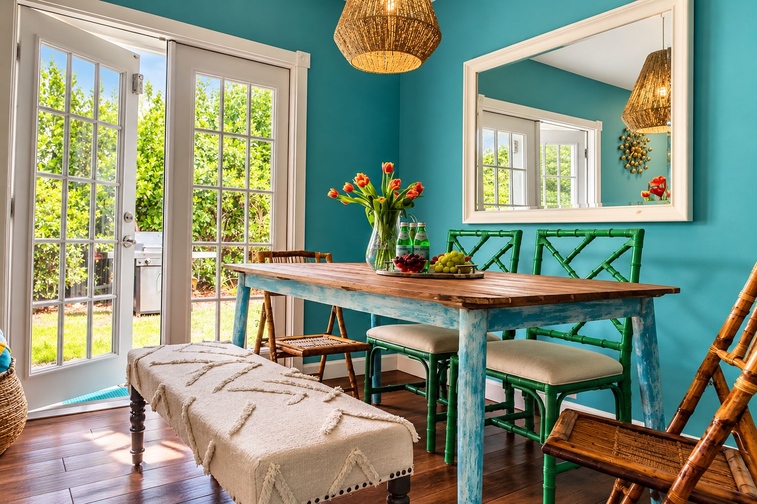 Un coin repas avec une table en bois, des chaises vertes et un banc. On peut voir un vase avec des fleurs et un panier de fruits sur la table.