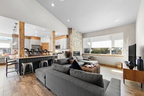 TV connectée, cheminée, livres, chaîne hi-fi