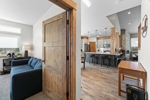 TV connectée, cheminée, livres, chaîne hi-fi