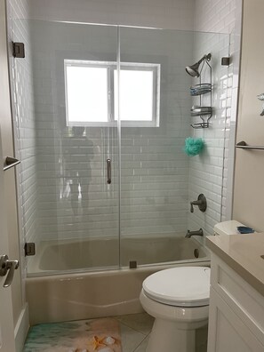 Shower, hair dryer, bidet, towels