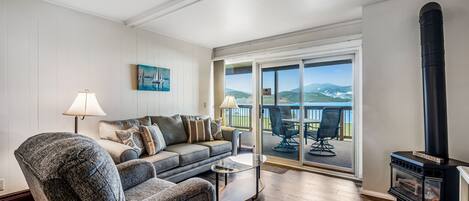 Televisión, chimenea, reproductor de DVD, libros