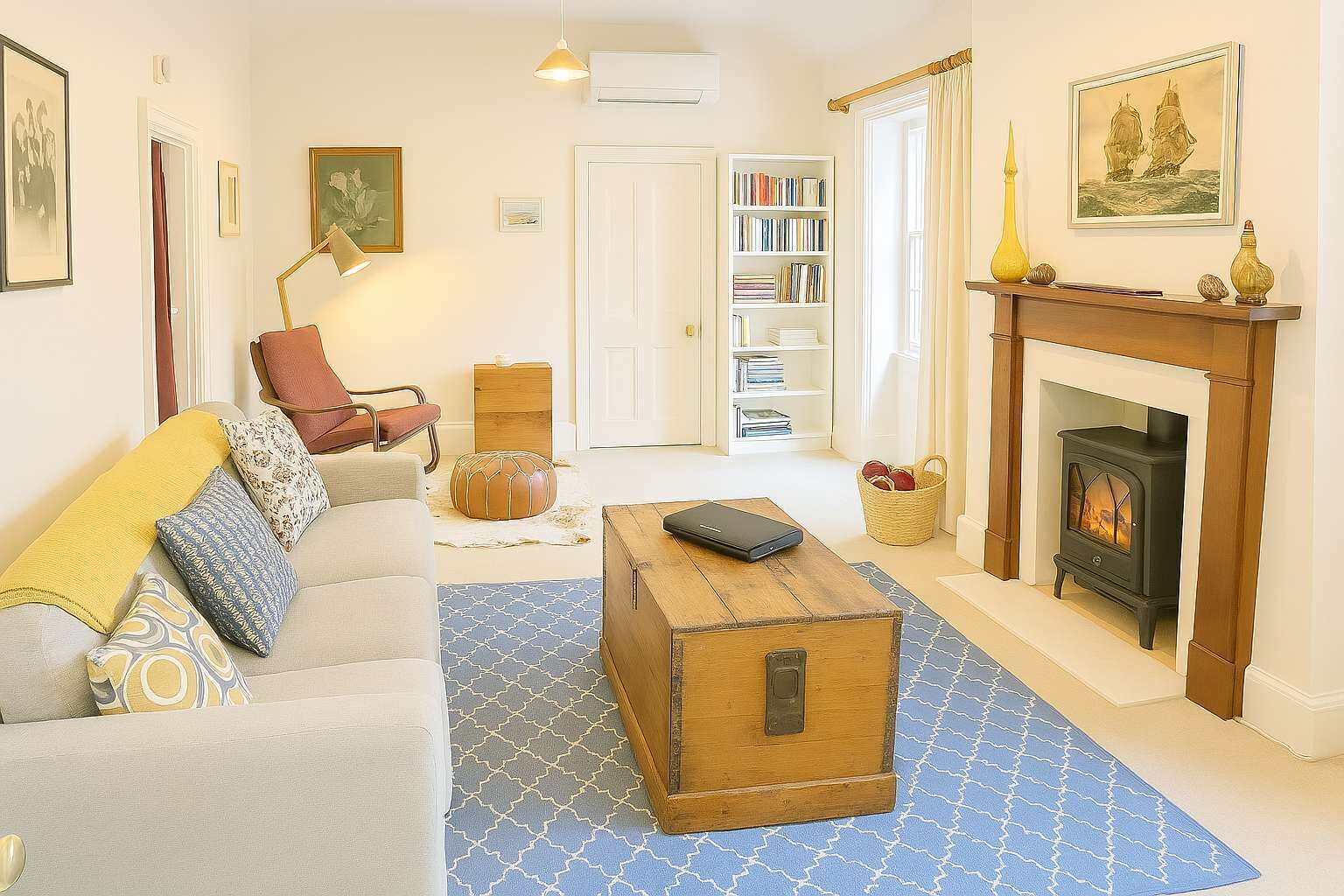 A cozy living room with a sofa, a wooden chest, a fireplace, a bookshelf, and a door leading to another room.
