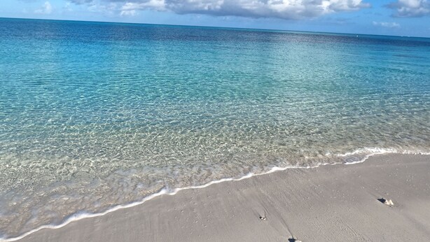 Ein Strand mit klarem türkisblauem Wasser und einem sandigen Ufer.