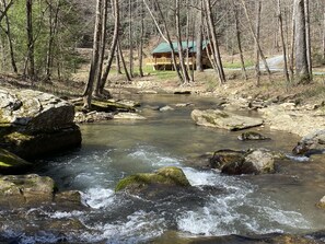 A cabin with a green roof surrounded by a forest, a clear stream with rocks, and a dirt path leading to the cabin.