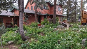 Ein rustikales Haus mit Garten, umgeben von Bäumen.