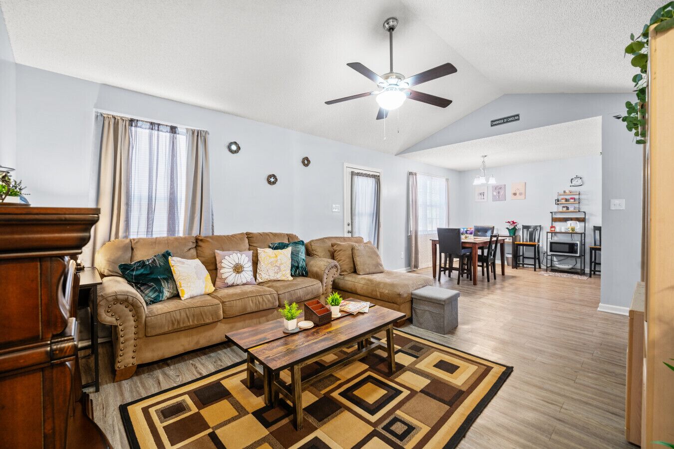 Smart TV, fireplace, books, music library