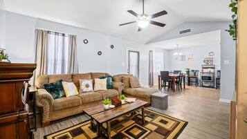 Smart TV, fireplace, books, music library