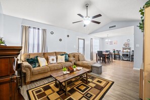 Smart TV, fireplace, books, music library