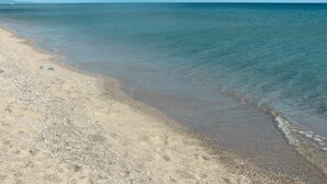 Una playa con agua cristalina y una orilla arenosa.