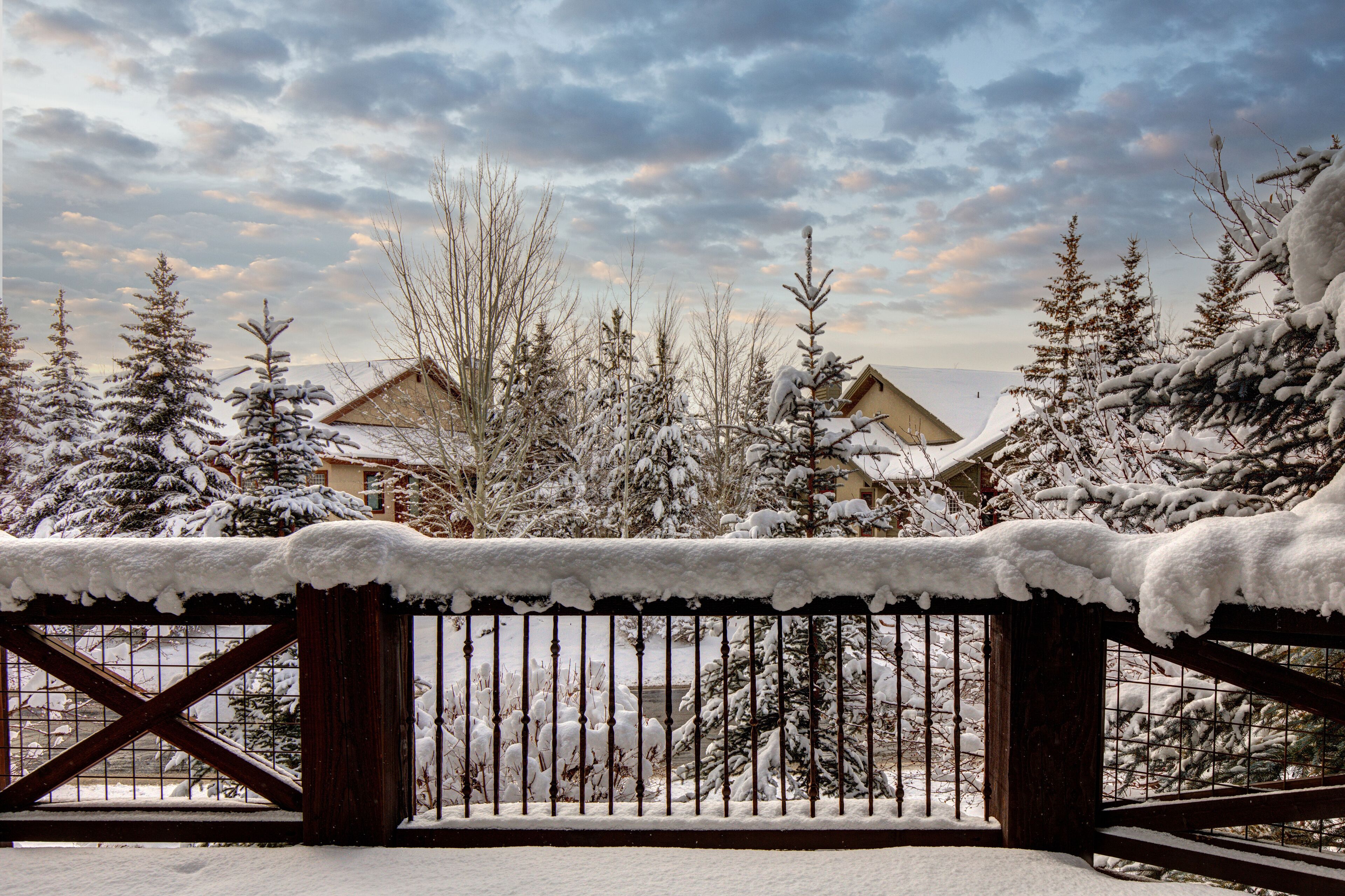 Un balcon enneigé, doté d’une balustrade en bois, avec des arbres couverts de neige en arrière-plan.