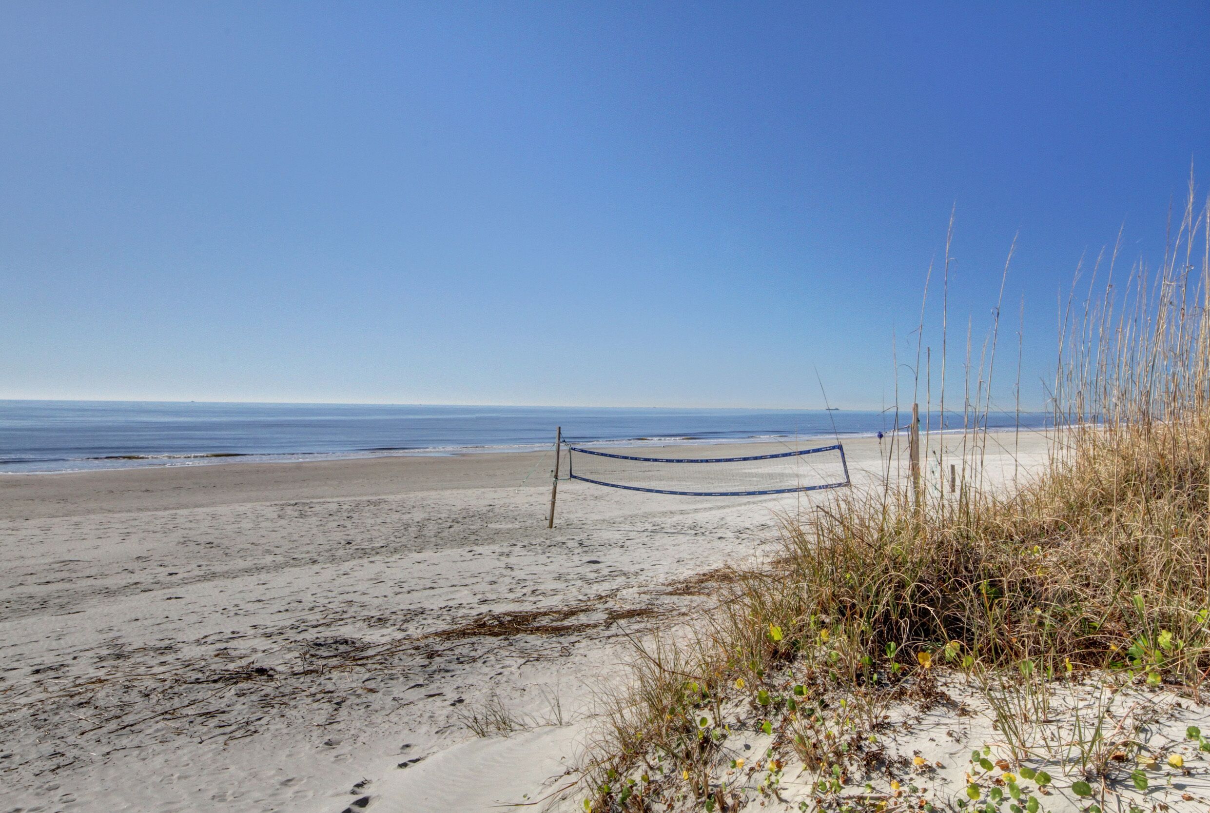 Une plage délimitée par une barrière de cordes et où la végétation est clairsemée.
