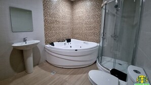Une salle de bain moderne avec une baignoire sur pieds, une douche à parois de verre et un lavabo sur colonne.