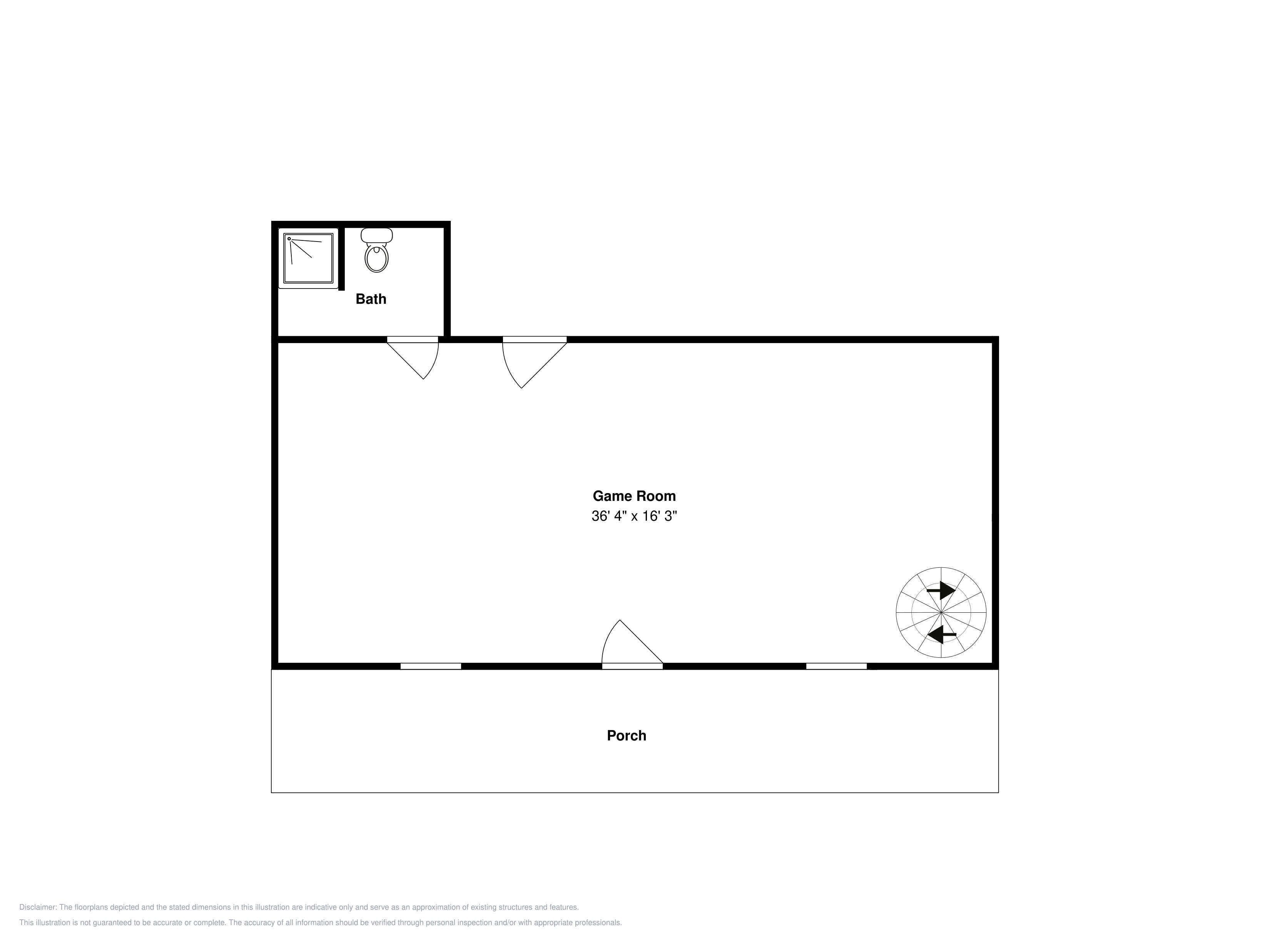 A floor plan with a bathroom, game room, and porch.