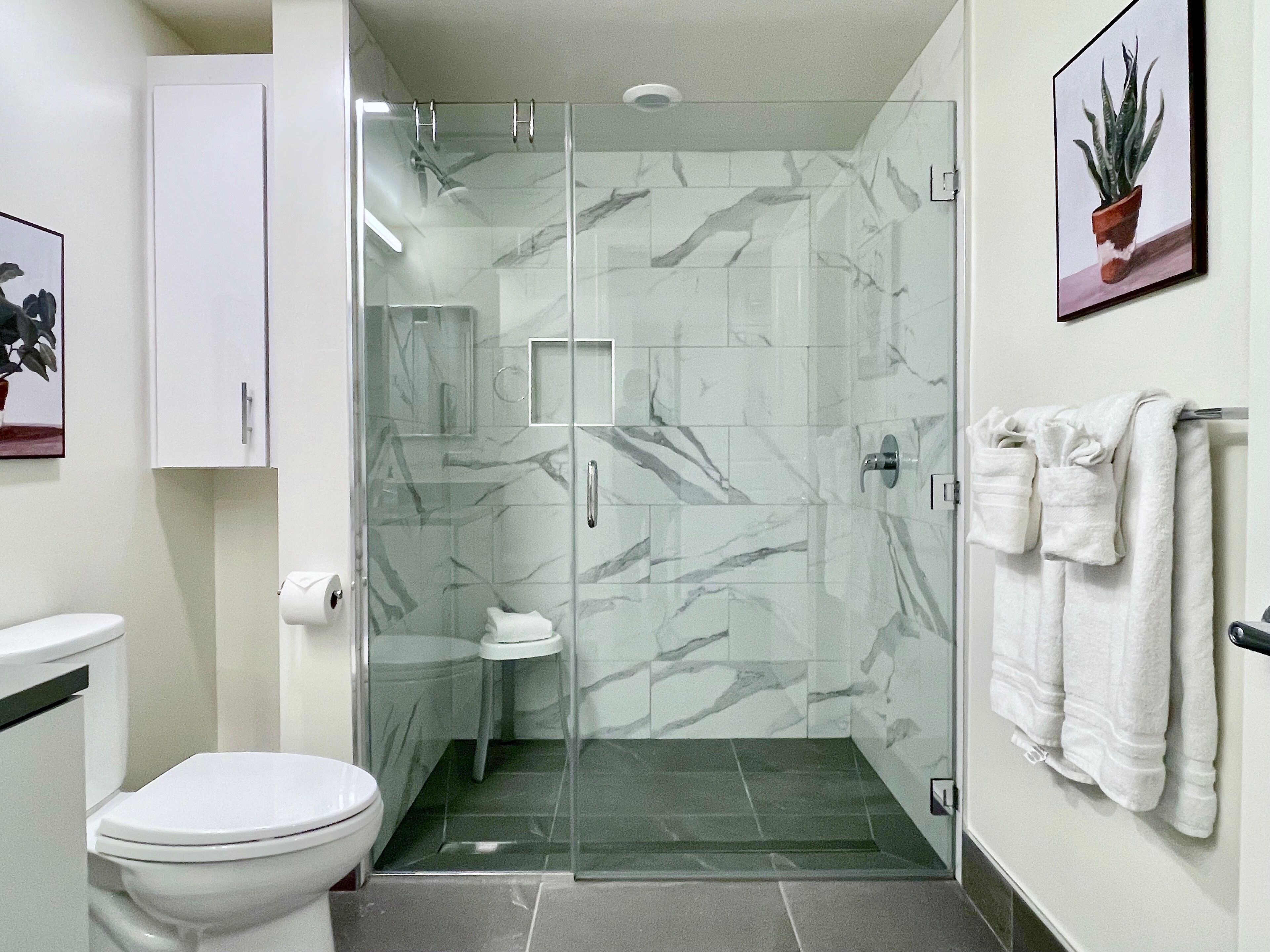 Shower, hair dryer, towels, soap