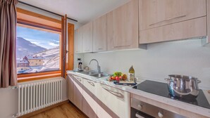 A modern kitchen with wooden cabinets, a window with a view of a snowy landscape, a sink, and a stove. - Fiocco Di Neve Ski in- Ski out Mt.10 (Livigno)