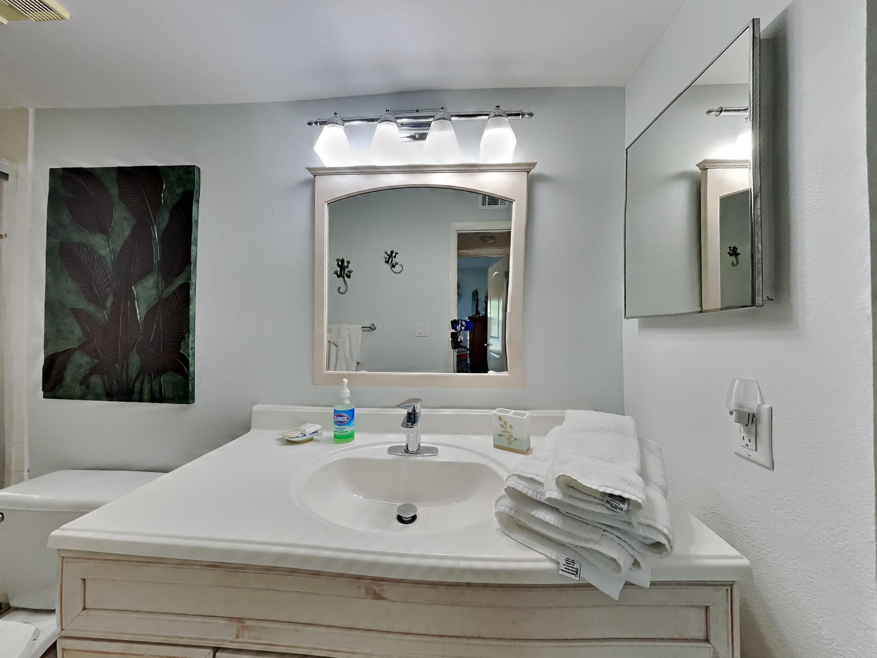 A bathroom with a white sink, a mirror, and a towel rack.