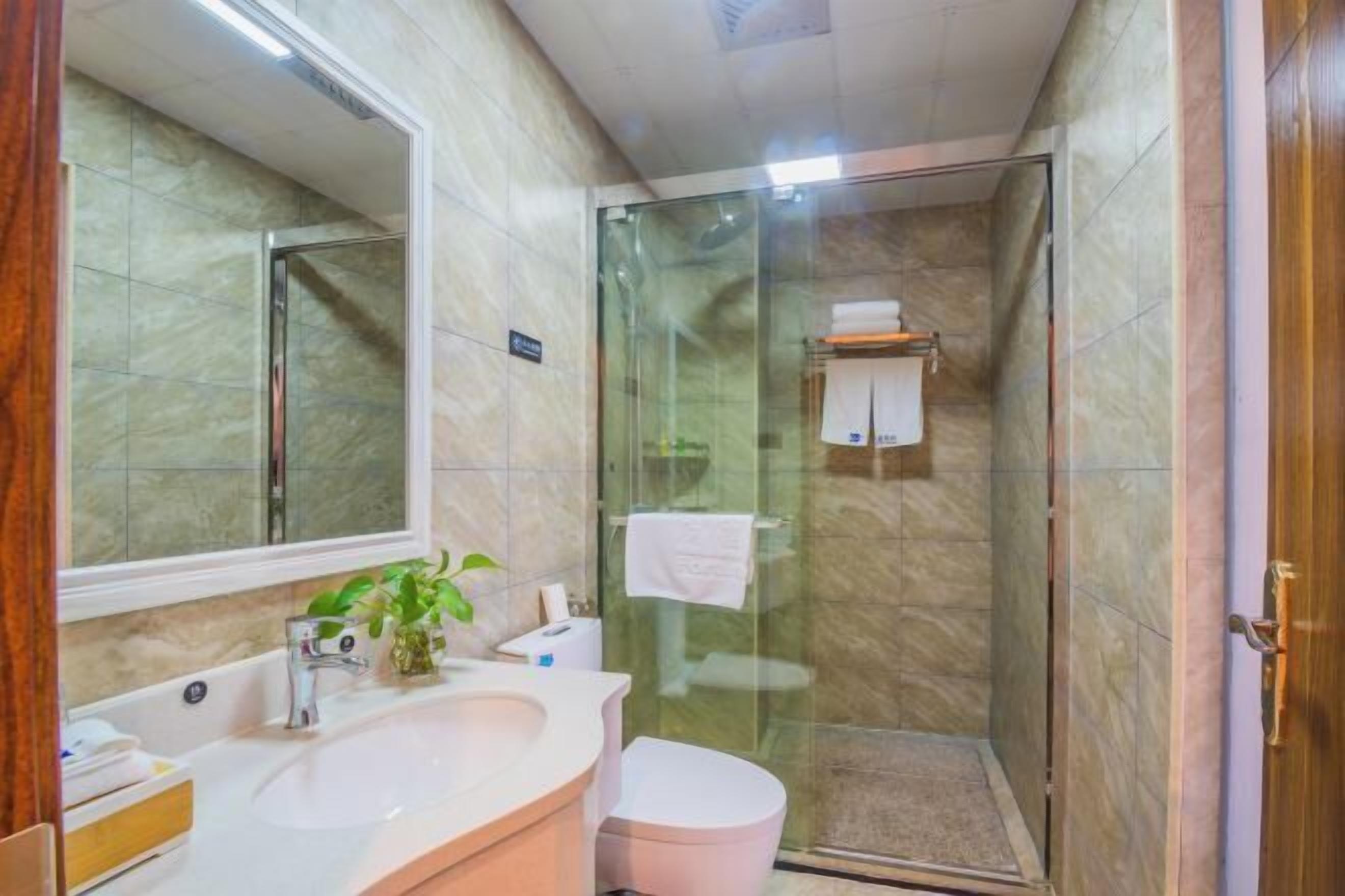 A bathroom with a glass shower enclosure, a sink, a toilet, and a mirror.
