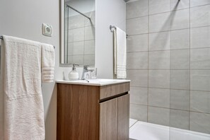Shower, hair dryer, bidet, towels