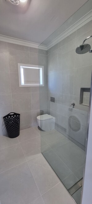 Shower, hair dryer, soap, toilet paper