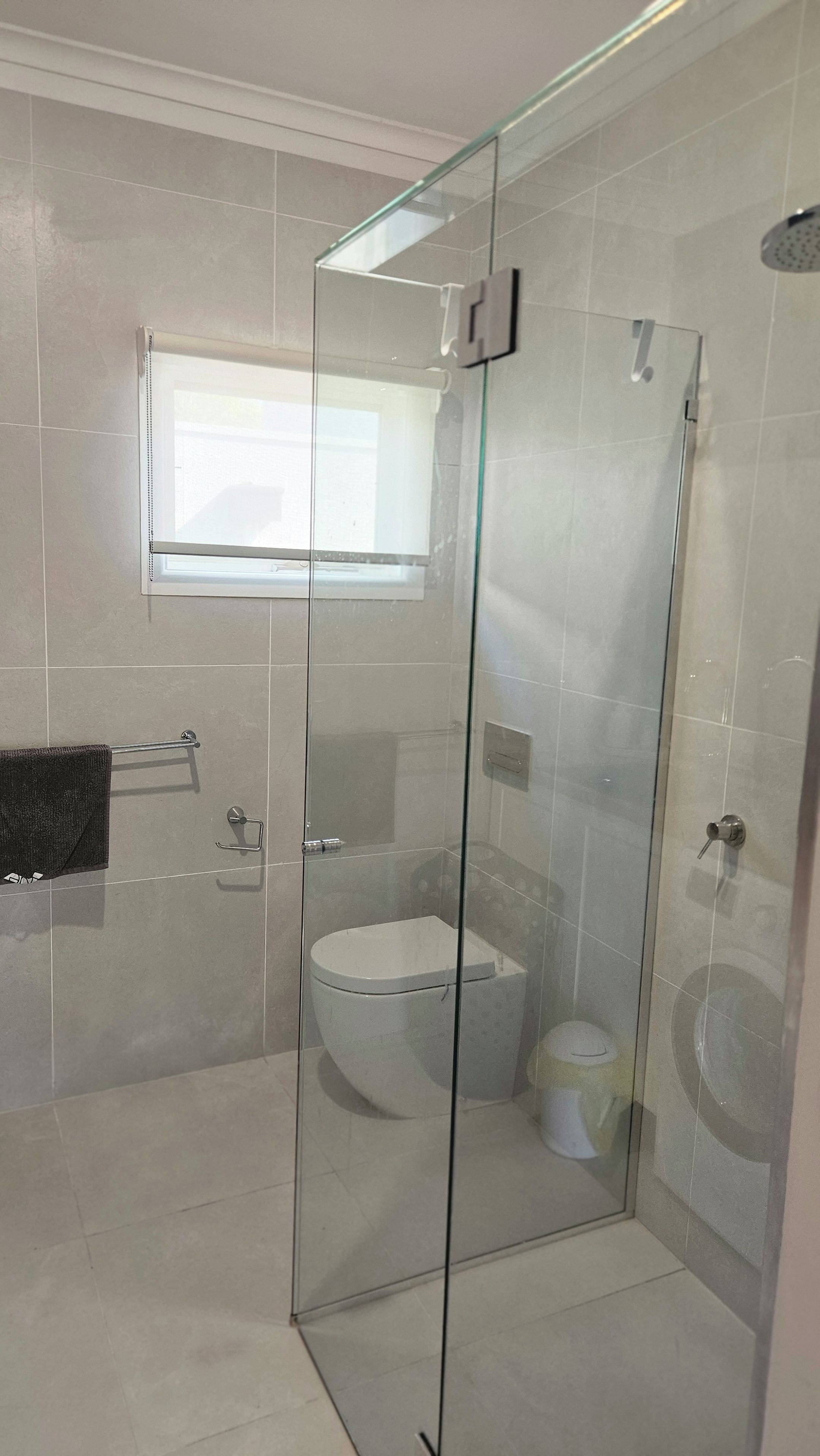 A modern bathroom with a glass-enclosed shower, a toilet, and a towel rack.