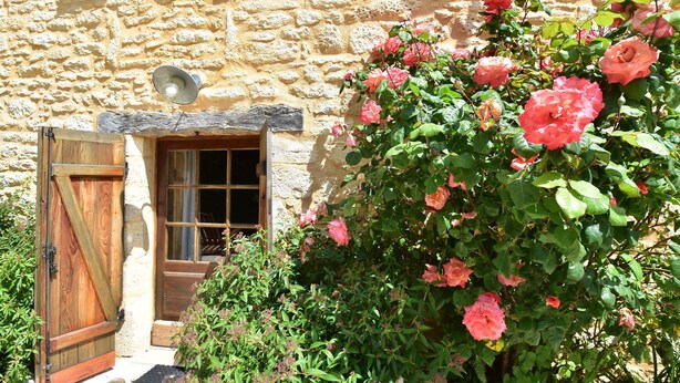 A rustic stone building with a wooden door and window, surrounded by lush pink roses. - Superb Holiday Home in Busse with Swimming Pool (Besse)