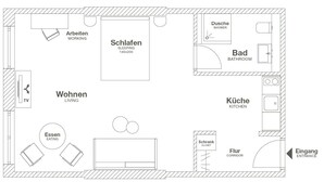 A floor plan with a living room, dining area, kitchen, bathroom, and sleeping area. - ipartment Wolfsburg @HOME by Best Western (Wolfsburg)