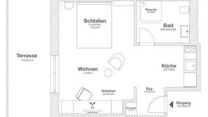 A floor plan of a hotel room with a terrace, sleeping area, bathroom, kitchen, living area, working area, closet, and entrance. - ipartment Wolfsburg @HOME by Best Western (Wolfsburg)