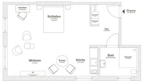 A hotel floor plan with a living room, dining area, kitchen, bathroom, and sleeping area. - ipartment Wolfsburg @HOME by Best Western (Wolfsburg)