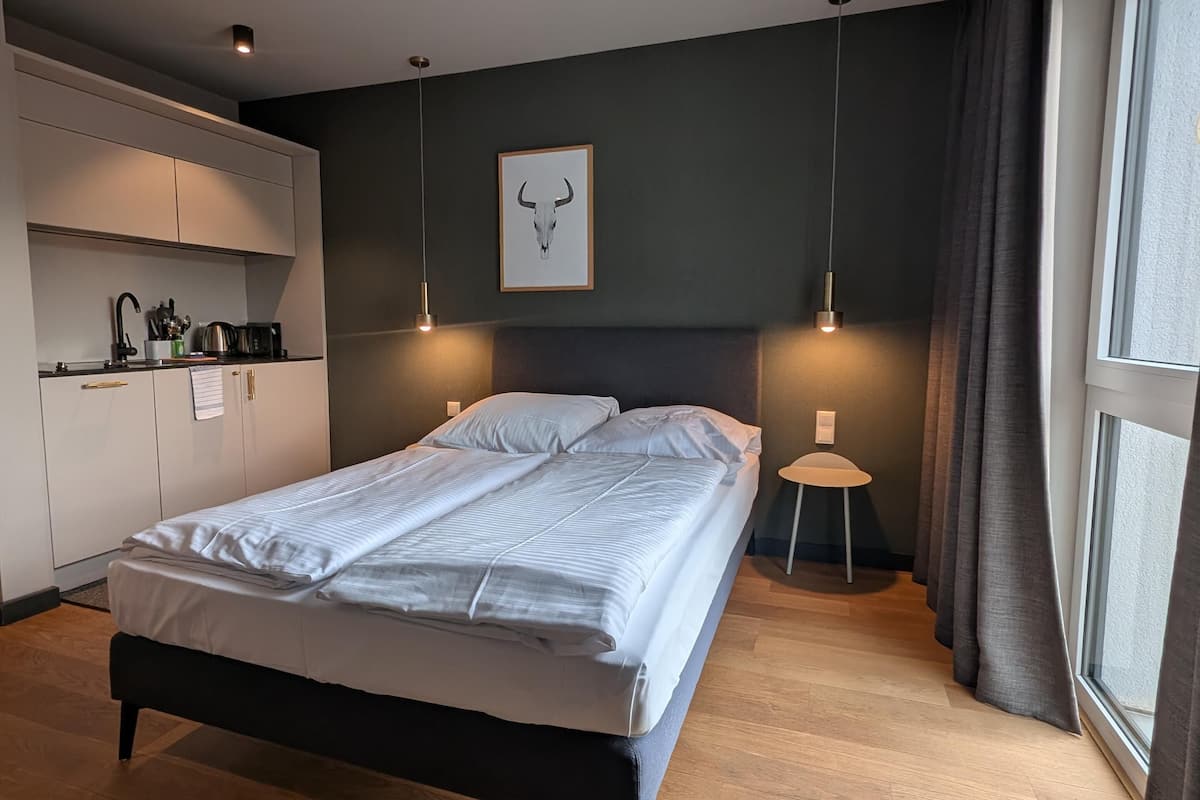 Une chambre à coucher comprenant un lit, des lampes de chevet, une tête de lit, une fenêtre avec des rideaux, un coin cuisine avec des placards et un tableau accroché au mur.