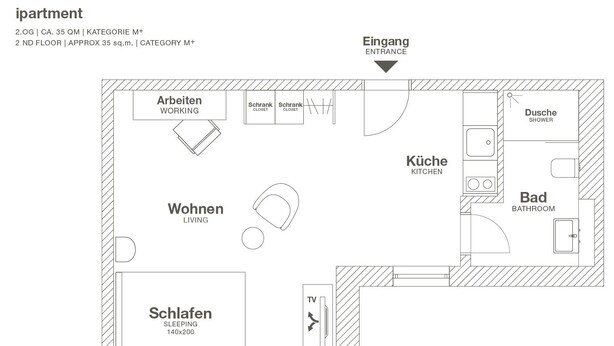 A 2nd floor apartment layout with a terrace, living room, sleeping area, kitchen, bathroom, and working space. - ipartment Wolfsburg @HOME by Best Western (Wolfsburg)