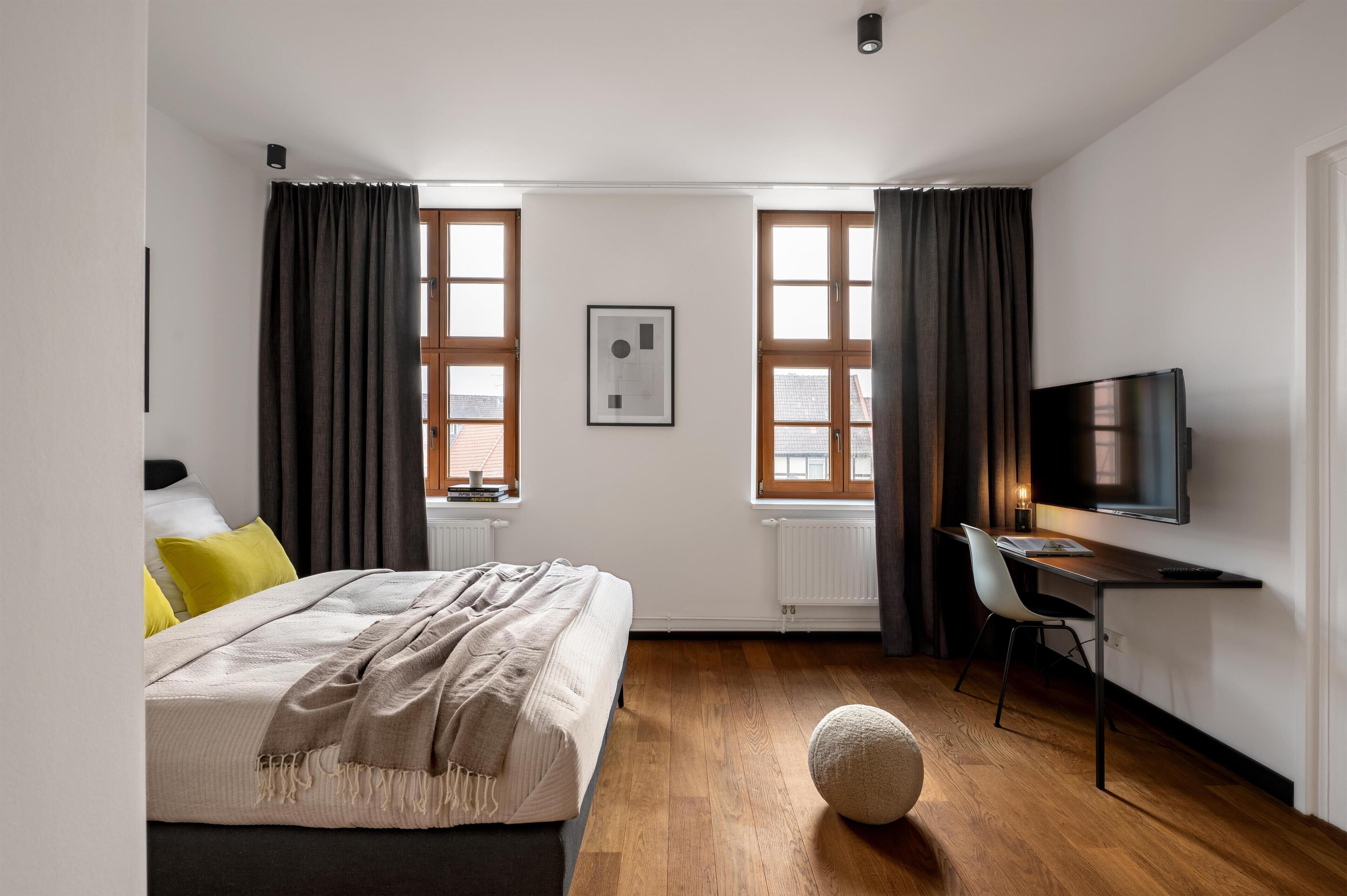 In-room safe, desk, laptop workspace, blackout curtains