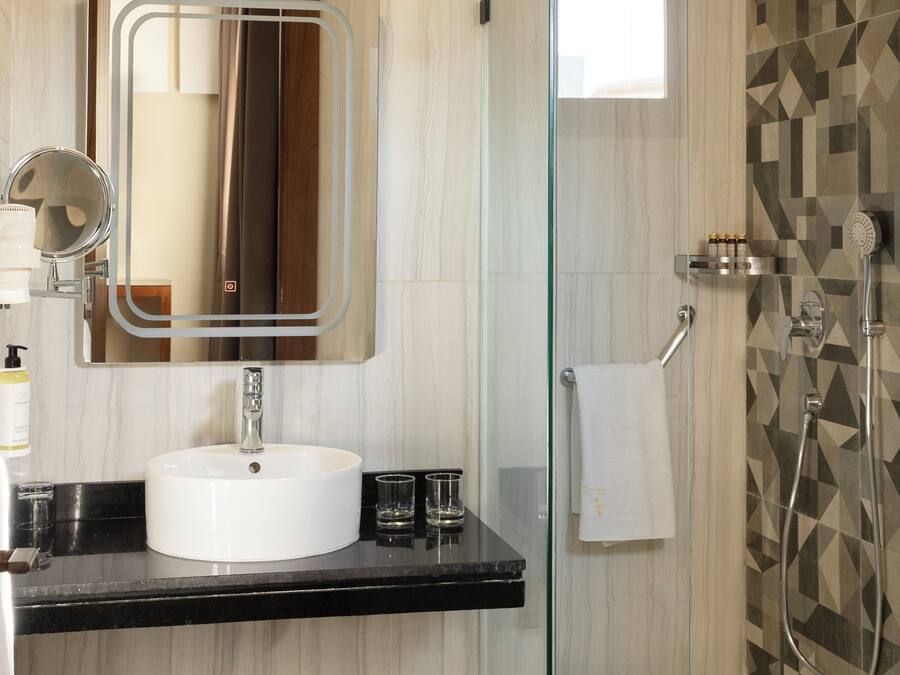 A modern bathroom with a glass shower enclosure, a white sink, and a large mirror.