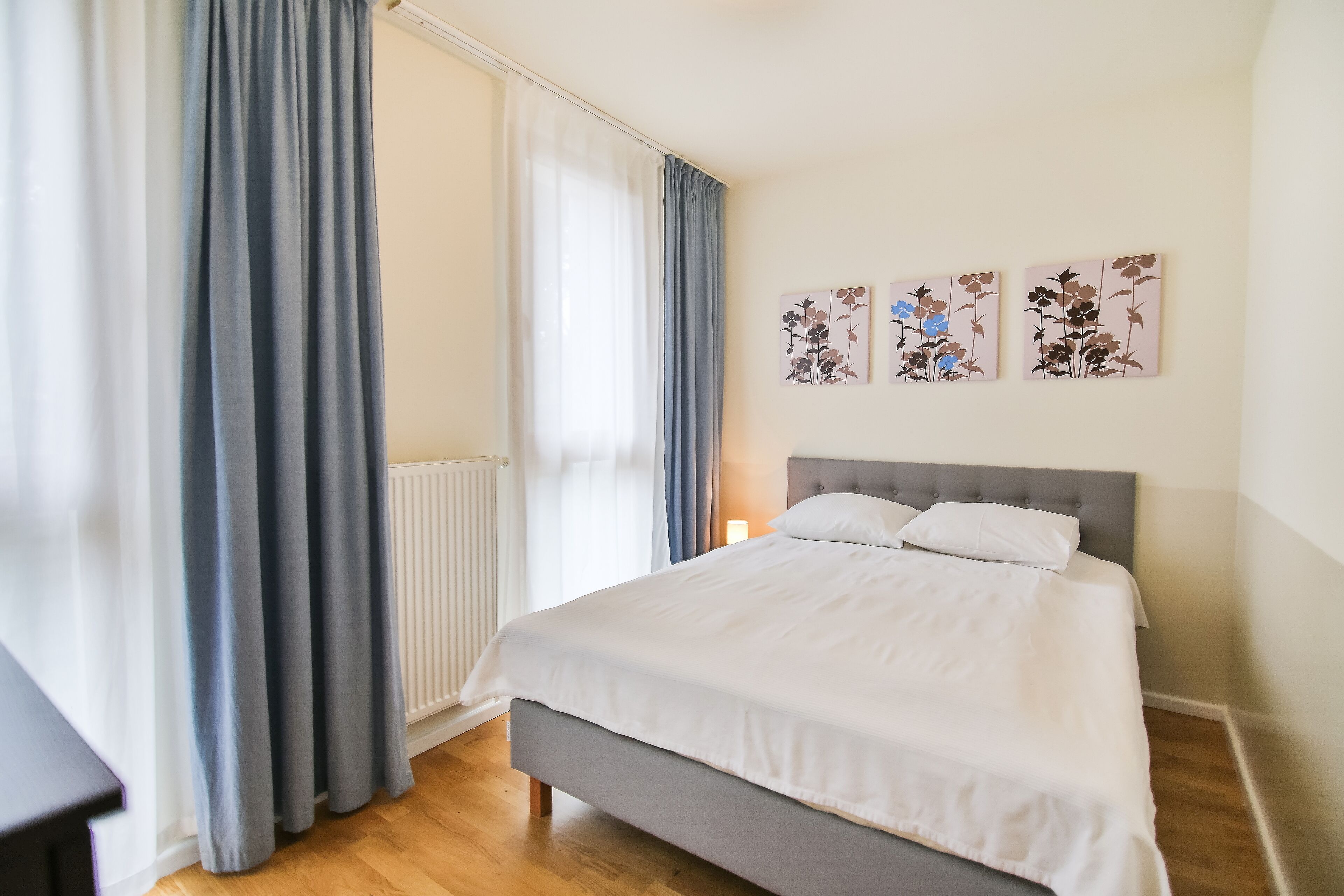 A bedroom with a bed, curtains, a radiator, and wall art.